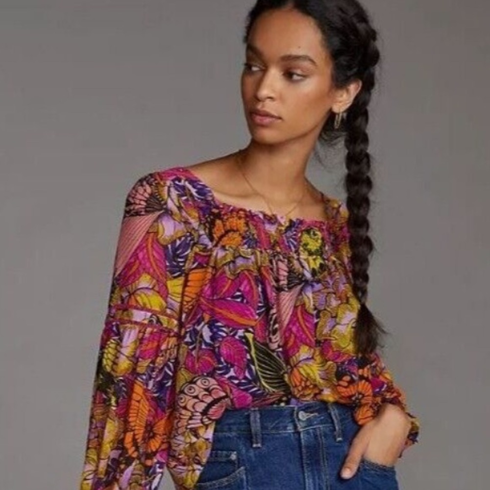 Anthropologie Alexandra Farmer Puff-Sleeved Sheer Lined Butterflies Blouse xs